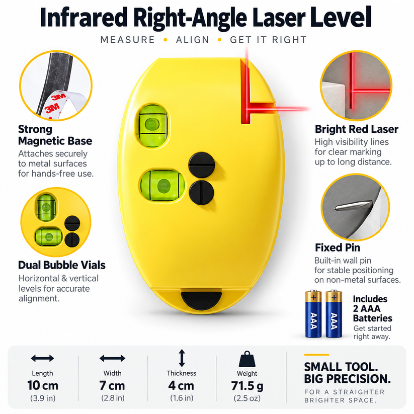 Yellow right-angle laser level with magnetic base, fixed pin, dual bubble vials and included batteries