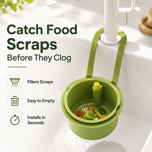 2-in-1 Hanging Kitchen Sink Drain Basket & Storage Caddy | Hands-Free Garbage Release & Fine Mesh Strainer