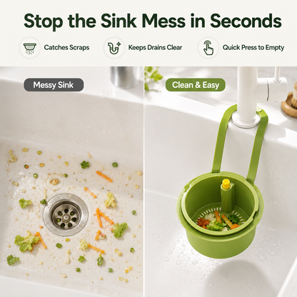 2-in-1 Hanging Kitchen Sink Drain Basket & Storage Caddy | Hands-Free Garbage Release & Fine Mesh Strainer