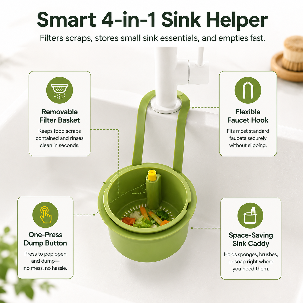 2-in-1 Hanging Kitchen Sink Drain Basket & Storage Caddy | Hands-Free Garbage Release & Fine Mesh Strainer
