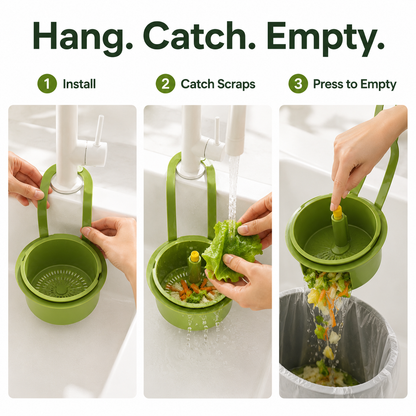 2-in-1 Hanging Kitchen Sink Drain Basket & Storage Caddy | Hands-Free Garbage Release & Fine Mesh Strainer