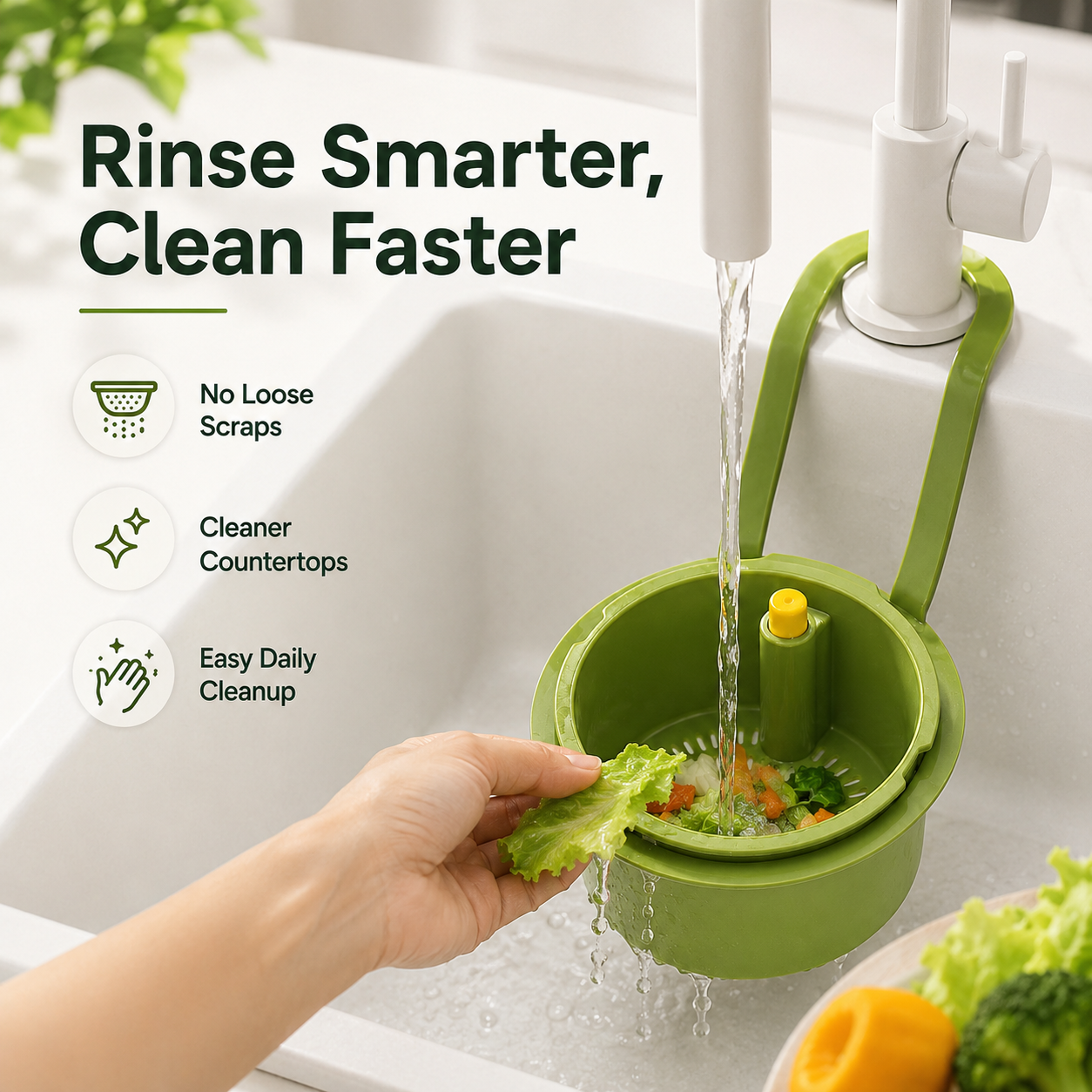 2-in-1 Hanging Kitchen Sink Drain Basket & Storage Caddy | Hands-Free Garbage Release & Fine Mesh Strainer