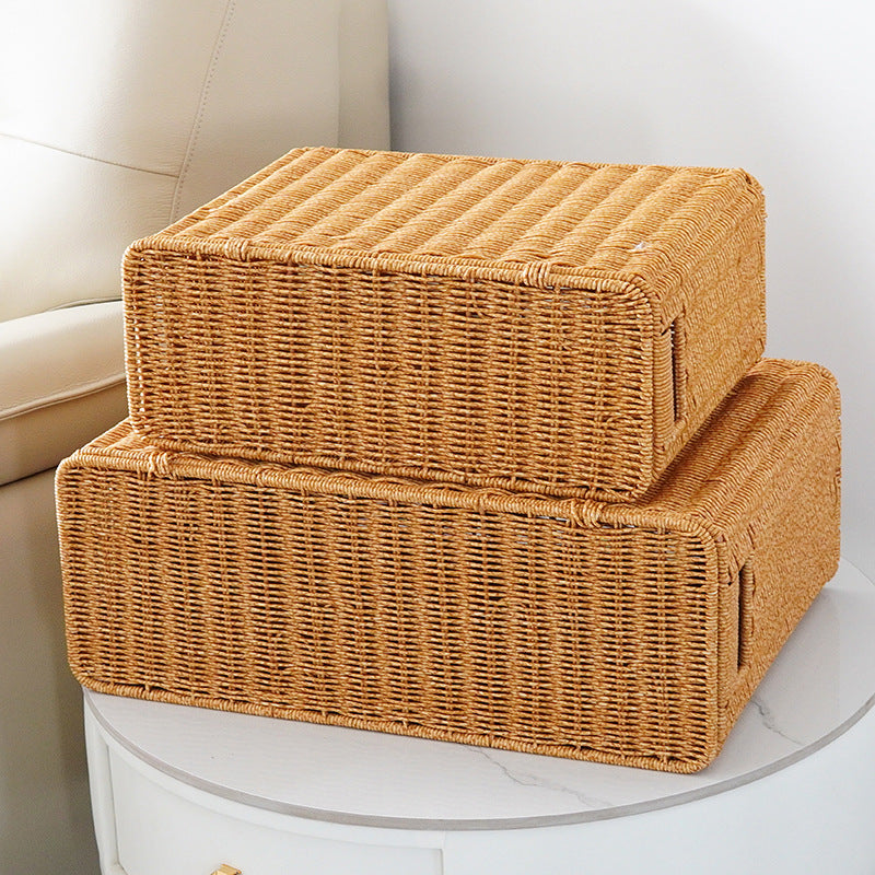 Hand-Woven Imitation Rattan Storage Basket with Lid |  Narrow Space-Saving Organizer Box