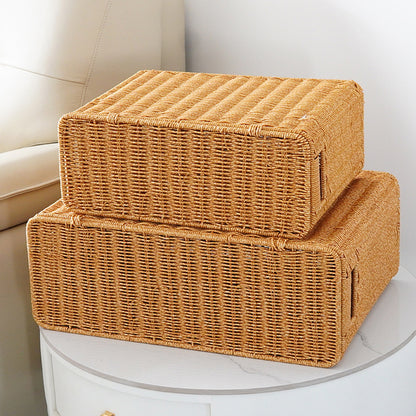 Hand-Woven Imitation Rattan Storage Basket with Lid |  Narrow Space-Saving Organizer Box