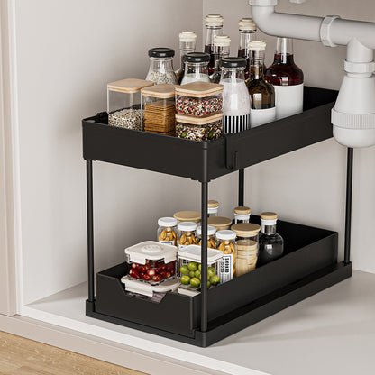 2-Tier Sliding Under-Sink Organizer | Multi-Functional Pull-Out Storage Rack with Drainage for Kitchen & Bathroom