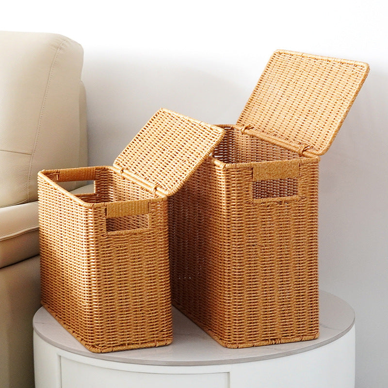 Hand-Woven Imitation Rattan Storage Basket with Lid |  Narrow Space-Saving Organizer Box