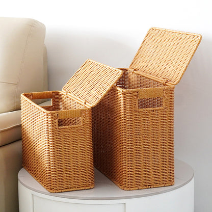 Hand-Woven Imitation Rattan Storage Basket with Lid |  Narrow Space-Saving Organizer Box