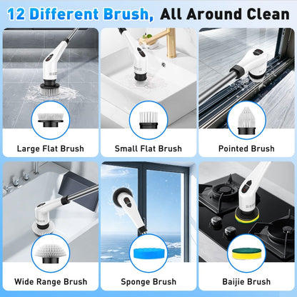12-in-1 Multi-Functional Electric Spin Scrubber | Cordless, Retractable Long Handle & IPX6 Waterproof