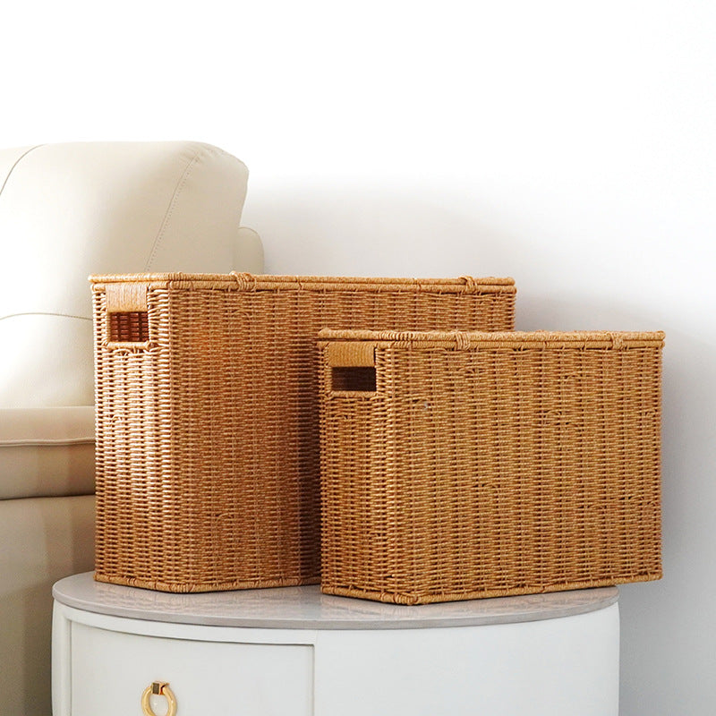 Hand-Woven Imitation Rattan Storage Basket with Lid |  Narrow Space-Saving Organizer Box