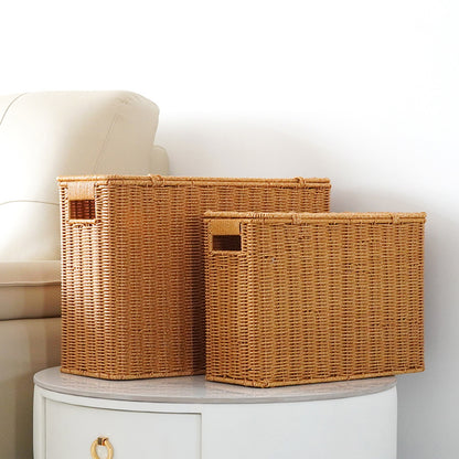 Hand-Woven Imitation Rattan Storage Basket with Lid |  Narrow Space-Saving Organizer Box