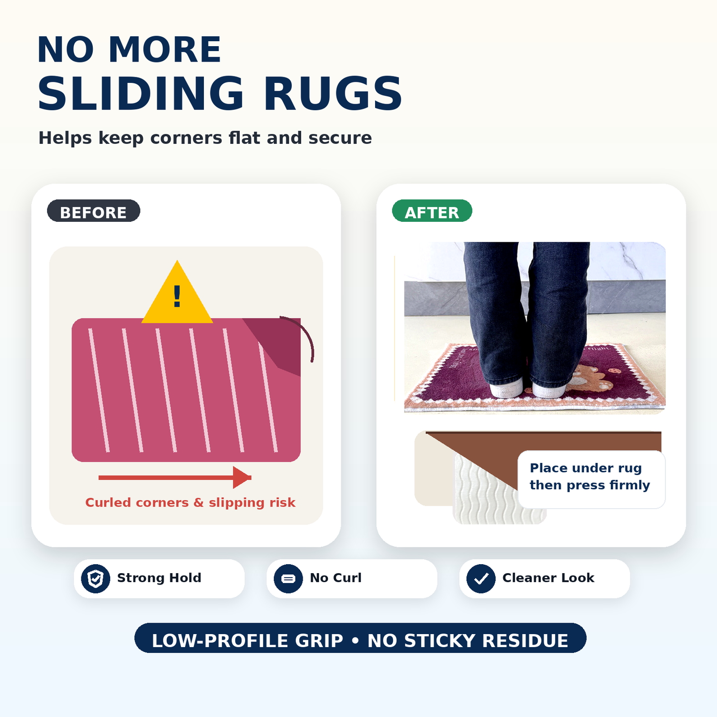 Premium Reusable Rug Grippers | Traceless Washable Non-Slip Carpet Tape for Area Rugs, Mats & Cushions