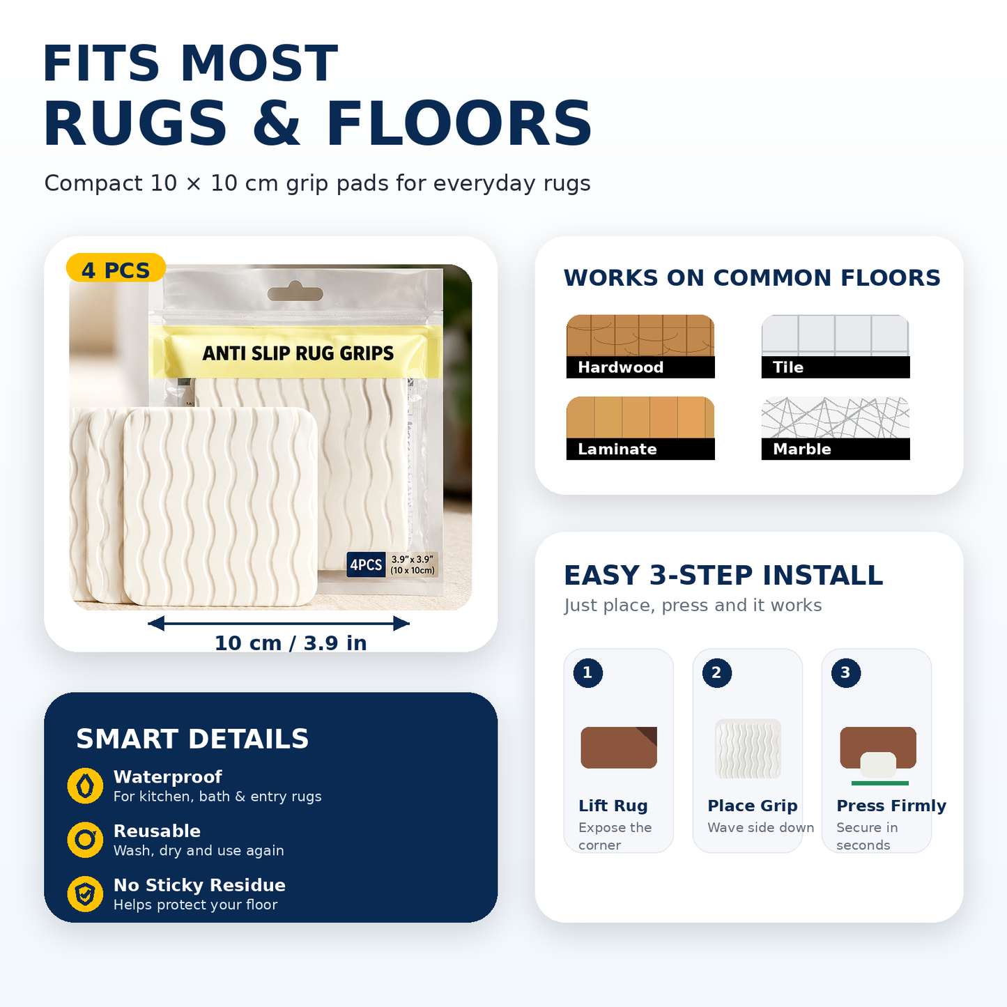 Premium Reusable Rug Grippers | Traceless Washable Non-Slip Carpet Tape for Area Rugs, Mats & Cushions
